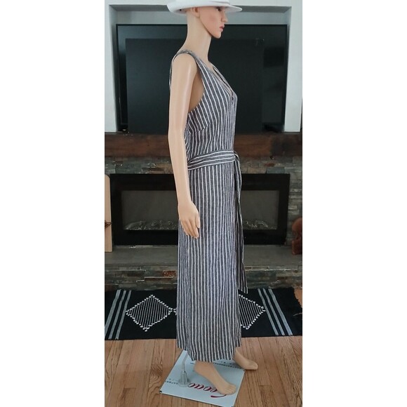 Wide Leg Linen Blend Jumpsuit Romper Sleeveless Pinstriped Pockets Wrap Belt XL - Picture 7 of 16